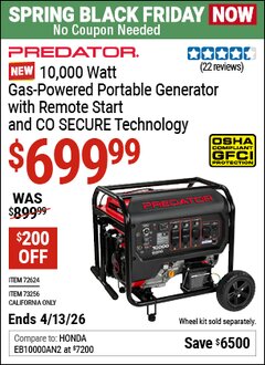 Harbor Freight Coupon PREDATOR 10,000 WATT GAS-POWERED PORTABLE GENERATOR WITH REMOTE START AND CO SECURE TECHNOLOGY Lot No. 72624/73256 Expired: 4/12/26 - $699.99