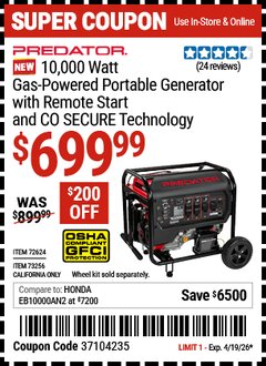 Harbor Freight Coupon PREDATOR 10,000 WATT GAS-POWERED PORTABLE GENERATOR WITH REMOTE START AND CO SECURE TECHNOLOGY Lot No. 72624/73256 Valid Thru: 4/19/26 - $699.99