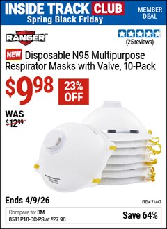 Harbor Freight ITC Coupon RANGER DISPOSABLE N95 MULTIPURPOSE RESPIRATOR MASKS WITH VALVE, 10-PACK Lot No. 71447 Expired: 4/9/26 - $9.98