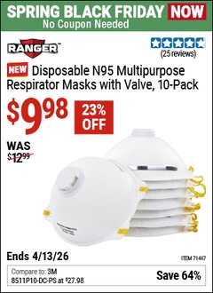 Harbor Freight Coupon RANGER DISPOSABLE N95 MULTIPURPOSE RESPIRATOR MASKS WITH VALVE, 10-PACK Lot No. 71447 Expired: 4/12/26 - $9.98