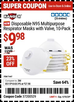 Harbor Freight Coupon RANGER DISPOSABLE N95 MULTIPURPOSE RESPIRATOR MASKS WITH VALVE, 10-PACK Lot No. 71447 Valid Thru: 4/19/26 - $9.98