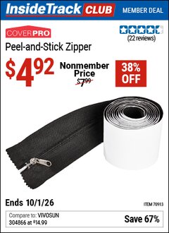 Harbor Freight Coupon COVERPRO PEEL-AND-STICK ZIPPER Lot No. 70913 Valid: 12/31/69 - 10/1/26 - $4.92