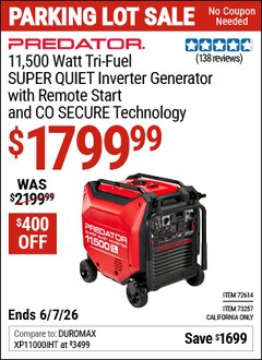 Harbor Freight Coupon PREDATOR 11,500 WATT TRI-FUEL SUPER QUIET INVERTER GENERATOR WITH REMOTE START AND CO SECURE TECHNOLOGY Lot No. 72614/73257 Valid Thru: 6/7/26 - $1799.99