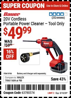Harbor Freight Coupon BAUER 20V CORDLESS PORTABLE POWER CLEANER - TOOL ONLY Lot No. 59788 Expired: 5/10/26 - $49.99