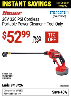 Harbor Freight Coupon BAUER 20V CORDLESS PORTABLE POWER CLEANER - TOOL ONLY Lot No. 59788 Valid Thru: 8/13/26 - $52.99