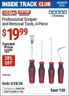 Harbor Freight ITC Coupon ICON PROFESSIONAL SCRAPER AND REMOVAL TOOLS, 4-PIECE Lot No. 57048 Expired: 5/28/26 - $19.99