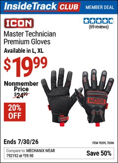 Harbor Freight ITC Coupon ICON MASTER TECHNICIAN PREMIUM GLOVES Lot No. 70295/70306 Dates Valid: 12/31/69 - 7/30/26 - $19.99