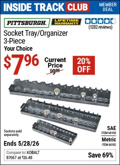 Harbor Freight Coupon PITTSBURGH SAE SOCKET TRAY/ORGANIZER, 3-PIECE Lot No. 68100 Valid: 12/31/69 - 5/28/26 - $7.96