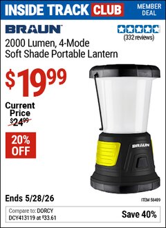 Harbor Freight Coupon BRAUN 2000 LUMEN, 4-MODE SOFT SHADE PORTABLE LANTERN Lot No. 58489 Valid: 12/31/69 - 5/28/26 - $19.99