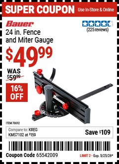 Harbor Freight Coupon BAUER 24 IN. FENCE AND MITER GAUGE Lot No. 70692 Expired: 5/25/26 - $49.99