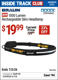 Harbor Freight Coupon BRAUN 1000 LUMEN RECHARGEABLE SLIM HEADLAMP Lot No. 70815 Valid: 12/31/69 - 7/2/26 - $19.99