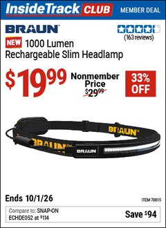 Harbor Freight Coupon BRAUN 1000 LUMEN RECHARGEABLE SLIM HEADLAMP Lot No. 70815 Valid: 12/31/69 - 10/1/26 - $19.99