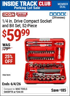 Harbor Freight ITC Coupon ICON 1/4 IN. DRIVE COMPACT SOCKET AND BIT SET, 52-PIECE Lot No. 70695 Expired: 6/4/26 - $59.99