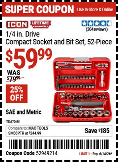 Harbor Freight Coupon ICON 1/4 IN. DRIVE COMPACT SOCKET AND BIT SET, 52-PIECE Lot No. 70695 Expired: 6/14/26 - $59.99