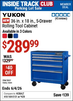 Harbor Freight ITC Coupon YUKON 36 IN. X 18 IN., 5-DRAWER ROLLING TOOL CABINET Lot No. 70937/72544/72653 Expired: 6/4/26 - $289.99