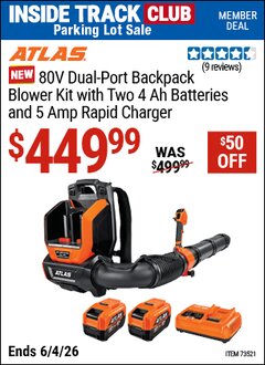 Harbor Freight ITC Coupon ATLAS 80V DUAL-PORT BACKPACK BLOWER KIT WITH TWO 4 AH BATTERIES AND 5A RAPID CHARGER Lot No. 73521 Expired: 6/4/26 - $449.99