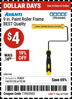 Harbor Freight Coupon AVANTI 9 IN. PAINT ROLLER FRAME &ndash; BEST QUALITY Lot No. 57502 Valid Thru: 6/17/26 - $4