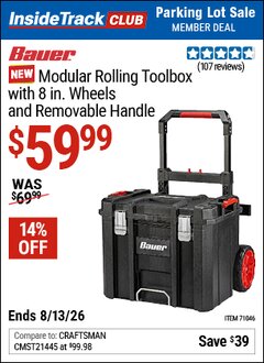 Harbor Freight ITC Coupon BAUER MODULAR ROLLING TOOLBOX WITH 8 IN. WHEELS AND REMOVABLE HANDLE Lot No. 71046 Expired: 8/13/26 - $59.99