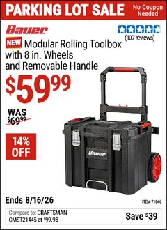 Harbor Freight Coupon BAUER MODULAR ROLLING TOOLBOX WITH 8 IN. WHEELS AND REMOVABLE HANDLE Lot No. 71046 Expired: 8/16/26 - $59.99