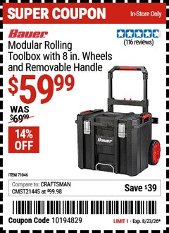 Harbor Freight Coupon BAUER MODULAR ROLLING TOOLBOX WITH 8 IN. WHEELS AND REMOVABLE HANDLE Lot No. 71046 Expired: 8/23/26 - $59.99