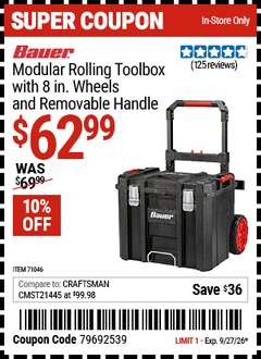 Harbor Freight Coupon BAUER MODULAR ROLLING TOOLBOX WITH 8 IN. WHEELS AND REMOVABLE HANDLE Lot No. 71046 Expired: 9/27/26 - $62.99