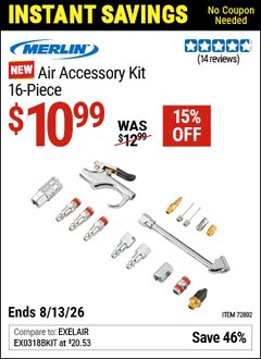 Harbor Freight Coupon MERLIN AIR ACCESSORY KIT &ndash; 16-PIECE Lot No. 72802 Valid Thru: 8/13/26 - $10.99