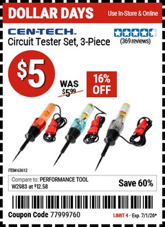 Harbor Freight Coupon CEN-TECH CIRCUIT TESTER SET, 3-PIECE Lot No. 63612 Expired: 7/1/26 - $5