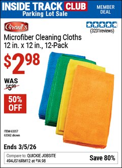 Harbor Freight ITC Coupon GRANT'S MICROFIBER CLEANING CLOTHS 12 IN. X 12 IN., 12-PACK Lot No. 63362/63357 Expired: 3/5/26 - $2.98