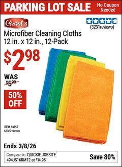 Harbor Freight Coupon GRANT'S MICROFIBER CLEANING CLOTHS 12 IN. X 12 IN., 12-PACK Lot No. 63362/63357 Expired: 3/8/26 - $2.98