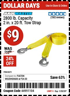 Harbor Freight Coupon HAUL-MASTER 2800 LB. CAPACITY, 2 IN. X 20 FT. TOW STRAP Lot No. 60675/56889 Valid Thru: 1/28/26 - $9
