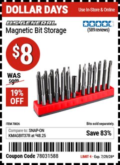 Harbor Freight Coupon U.S. GENERAL MAGNETIC BIT STORAGE Lot No. 70026 Valid Thru: 7/29/26 - $8