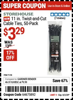 Harbor Freight Coupon STOREHOUSE 11 IN. TWIST-AND-CUT CABLE TIES, 50-PACK Lot No. 71158 Valid Thru: 8/2/26 - $3.29