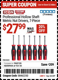 Harbor Freight Coupon ICON PROFESSIONAL HOLLOW SHAFT METRIC NUT DRIVERS, 7-PIECE Lot No. 56525 Valid Thru: 8/2/26 - $27.99