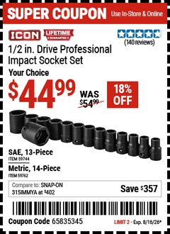 Harbor Freight Coupon ICON 1/2 IN. DRIVE PROFESSIONAL IMPACT SOCKET SET Lot No. 59744/59762 Expired: 8/16/26 - $44.99