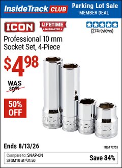 Harbor Freight ITC Coupon ICON PROFESSIONAL 10 MM SOCKET SET, 4-PIECE Lot No. 72753 Expired: 8/13/26 - $4.98