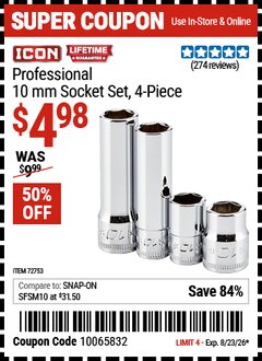 Harbor Freight Coupon ICON PROFESSIONAL 10 MM SOCKET SET, 4-PIECE Lot No. 72753 Expired: 8/23/26 - $4.98