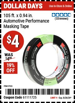 Harbor Freight Coupon 3M 105 FT. X 0.94 IN. AUTOMOTIVE PERFORMANCE MASKING TAPE Lot No. 57533 Expired: 8/26/26 - $4