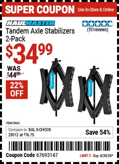 Harbor Freight Coupon HAUL-MASTER TANDEM AXLE STABILIZERS, 2-PACK Lot No. 59665 EXPIRES: 8/30/26 - $34.99