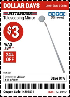 Harbor Freight Coupon PITTSBURGH TELESCOPING MIRROR Lot No. 7361 EXPIRES: 9/9/26 - $3