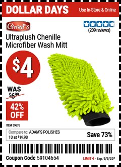 Harbor Freight Coupon GRANT'S ULTRAPLUSH CHENILLE MICROFIBER WASH MITT Lot No. 59676 EXPIRES: 9/9/26 - $4