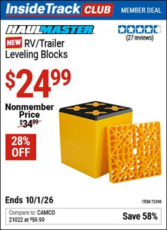 Harbor Freight Coupon HAUL-MASTER RV/TRAILER LEVELING BLOCKS Lot No. 73398 Valid: 12/31/69 - 10/1/26 - $24.99