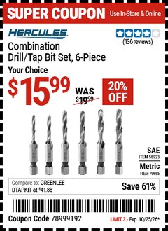Harbor Freight Coupon HERCULES COMBINATION DRILL/TAP BIT SET, 6-PIECE Lot No. 58923/70685 EXPIRES: 10/25/26 - $15.99