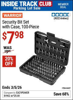 Harbor Freight ITC Coupon WARRIOR SECURITY BIT SET WITH CASE, 100-PIECE Lot No. 68457 Expired: 3/5/26 - $7.98