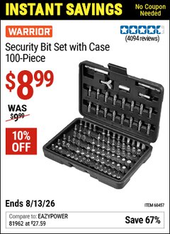 Harbor Freight Coupon WARRIOR SECURITY BIT SET WITH CASE, 100-PIECE Lot No. 68457 Valid Thru: 6/13/26 - $8.99