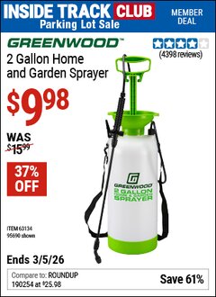 Harbor Freight ITC Coupon GREENWOOD 2 GALLON HOME AND GARDEN SPRAYER Lot No. 95690/63134 Expired: 3/5/26 - $9.98
