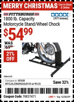 Harbor Freight Coupon PITTSBURGH 1800 LB. CAPACITY MOTORCYCLE STAND/WHEEL CHOCK Lot No. 61670 Expired: 12/28/25 - $54.99