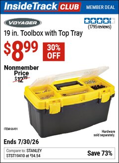 Harbor Freight ITC Coupon VOYAGER 19 IN. TOOLBOX WITH TOP TRAY Lot No. 66491 Dates Valid: 12/31/69 - 7/30/26 - $8.99