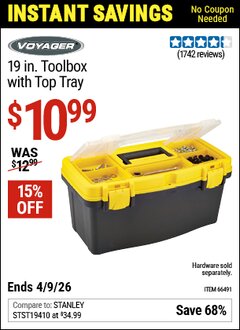 Harbor Freight Coupon VOYAGER 19 IN. TOOLBOX WITH TOP TRAY Lot No. 66491 Valid Thru: 4/9/26 - $10.99
