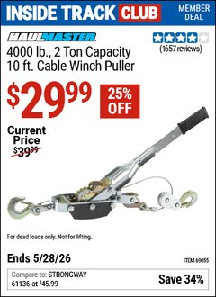Harbor Freight Coupon HAUL-MASTER 4000 LB., 2 TON CAPACITY, 10 FT. CABLE WINCH PULLER Lot No. 69855 Valid: 12/31/69 - 5/28/26 - $29.99
