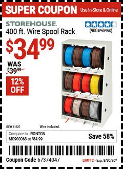 Harbor Freight Coupon STOREHOUSE 400 FT. WIRE SPOOL RACK Lot No. 61527 EXPIRES: 8/30/26 - $34.99